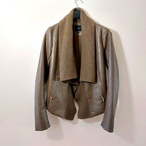 GUESS Leather Jacket Khaki-Brown  with knitted Collar Detail